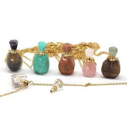 crystal party UK - Pendant Necklaces High Quality Natural Semi-precious Stone Perfume Bottle Necklace Rose Quartz Crystal Essential Oil Diffuser Jewelry Party