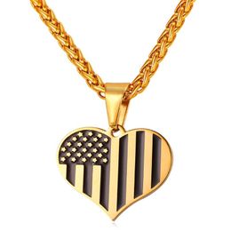 Pendant Necklaces Collare US Flag Heart Gold Color Stainless Steel Sign Necklace Women Men Jewelry P104Pendant