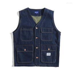 Men's Vests Multiple Pockets Japanese Denim Vest Tooling Jacket Men Harajuku Streetwear Fashion Loose Casual Jeans Coat Man Waistcoat Phin22