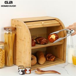 Storage Box Bamboo Bread Box Bins With Cutting Board Double Layers Food Containers Big Drawer Kitchen Organiser Home Accessories 201015