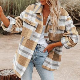 Women's Wool & Blends Women Woollen Jacket Coat 2022 Autumn Plaid Button Shirt Flannel Female Thick Mid Length Loose