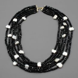 Chains Jewelry 6 Strands Natural White Keshi Pearl Black Faceted Crystal Necklace Handmade Multi Fashion JewelryChains