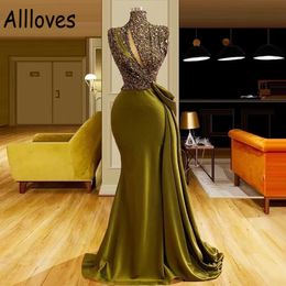 Classic Olive Green Mermaid Prom Dresses High Neck Glittering Sequins Hollow Out Elegant Satin Formal Evening Gowns Arabic Aso Ebi Plus Size Robe de Soiree CL0418