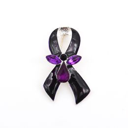 10 Pcs/Lot Purple Enamel Rhinestone Brooches Ribbon Shape Breast Cancer Awareness Medical Pins For Decoration