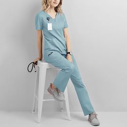 Eithexu Women's Two Piece Sets Pants and Tops High Quality V neck Nurse Medical Scrub Uniform Salon Clothing