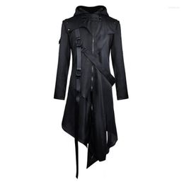 Men's Trench Coats Spring And Autumn Gothic Dark Cloak Coat Hooded Lace Locomotive Street Parkour Long Jacket Men Viol22