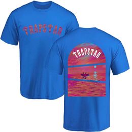 -Camisetas de marca de la calle Trapstar Man Sunset at Sea Art estampado Camiseta Algodón de algodón Ock Short Short Capeled Tops sueltos de gran tamaño