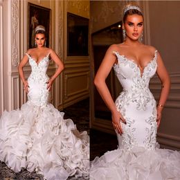Vintage Luxurious Wedding Dresses Crystals Pearls Bridal Gown Custom Made Sweetheart Layered Ruffles Beaded Robes De Mariée