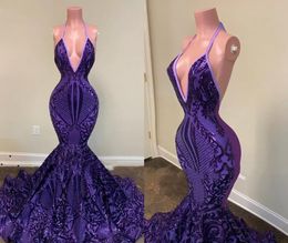Purple Sparkly Sequin Long Prom Dresses 2022 Sexy Backless Halter African Girls Mermaid Women Formal Evening Party Gowns PRO232
