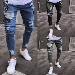 Western style small feet badge jeans men's trend knee holes zipper denim trousers Slim Fit Man Stretchy Jean Print 220328