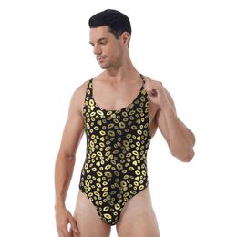 Men's Body Shapers Mens Fashion Lip/ Skull Print Bodysuit Underwear Hight Cut Thongs Lingerie Round Jumpsuit Neck Sleeveless One-piece Swims