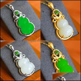 Pendant Necklaces Pendants Jewellery Natural Green Hetian Jade Gourd Sier Necklace Chinese Carved Charm Fashion Amet For Women Lucky Gifts 1