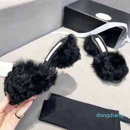 Lambskin Sheepskin Slippers For Woman Designer Slide Chunky Heel Height 5cm Classic Black Flip Flop Luxury Mules Beach Shoes Ladies Sandal