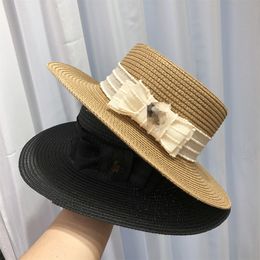 Casquette Stingy Brim Hats Summer Panama Women's Beach Straw Hat Elegant Light Luxury Bow Letter Flat Top Versatile Women Sun Cap Straw Caps Tide