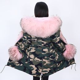 MAOMAOKONG winter women long coats with Pink real fur coat natural raccoon fur collar long parkas warm jacket women 201201