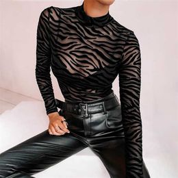 Spring Sexy Black Mesh Stripe Bodysuits Long Sleeve Perspective Stand Collar Open Crotch Women Club Sheer Jumpsuit Body 210709