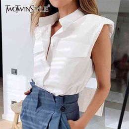 TWOTWINSTYLE elegant Women Shirts Lepal Collar Sleeveless Loose Elegant Ruched Blouses For Female Fashion Clothes 210401