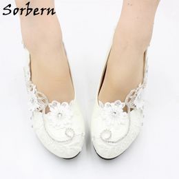 Sorbern White Flower Wedding Shoes High Heel Crystals Lace Appliques Bridesmaid Pump Shoe Flat 3Cm 5Cm Multi Heel Height