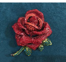 Rhinestone Brooch Antique Jewelry Corsage Oversize Full Pave Red Crystal Rose Flower Pin Gift Anniversary Party Favor For Girl Women