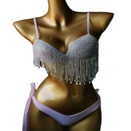 Women's Vests Swimwear Women Swimsuit Full Diamonds Crystal Tassel Underwire Padded Push Up Spaghetti Strap Bra Solid Adjustable Thong Bikin