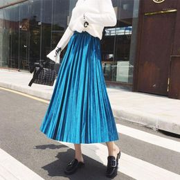 -Юбки 2022 старинные бархатные плиссированные длинные юбки женщины высокая талия MIDI корейский черный эластичный полос ремень Maxi женщин