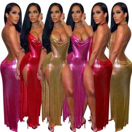 Zoctuo Dress Women's Sexy Dresses Maxi Shiny Night Club Party Deep V Spaghetti Straps Sleeveless Long Robe Backless High Split Y220401