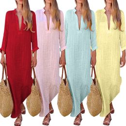 Women Solid Summer V Neck Cotton Linen Maxi Dress Party Vacation High Slit Loose Long Beach Dress S-2XL