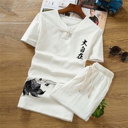 Shortsleeved Tshirt men Vneck suit Casual shorts clothes summer clothing set button summer print linen set M5XL T200604