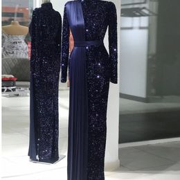 Muslim Sparkly Prom Dresses For Women Sequins High Neck Long Sleeve Dubai Party Mermaid Evening Gown Birthday Dress