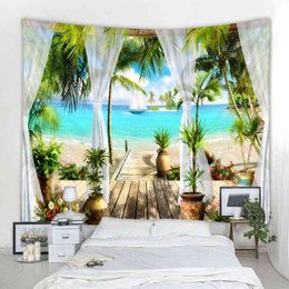 Beautiful 3D Window Landscape Decorative Carpet Mandala Bohemian Art Deco Tapestry Curtains Home Decor J220804