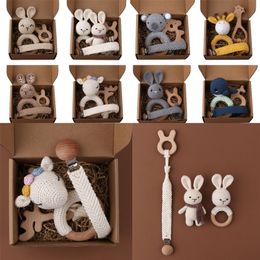 1Set Crochet Bunny Baby Teether Rattle Safe Beech Wooden Ring Pacifier Clip Chain Set born Mobile Gym Educational Toy 220428
