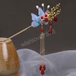 Butterfly Flower Hair Forks Retro Long Tassel Hairpins Clips Metal Hair Sticks Crystal Bead Step Shake Chinese Wedding Hairstick