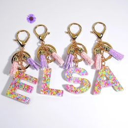 English A-Z Alphabet Letters Key chain With Tassel Glitter Keychains Initial Resin Key Ring Chains Handbag Pendant Car Mirror