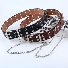 Fashion Harajuku Women Chain Belt Adjustable Double/Single Eyelet Belts Grommet Metal Buckle Leather Waistband For Jeans