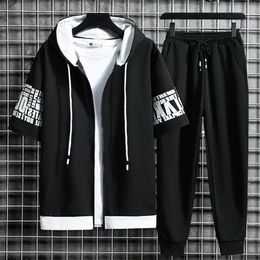 Men s Sets Hooded Zipper Short Sleeve Tops Elastic Waist Trousers Clothing Two Piece Set Korean Streetwear Tracksuit 220708