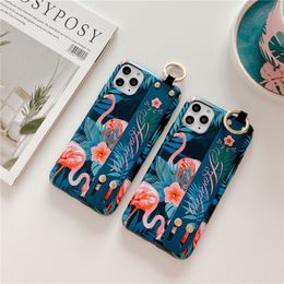 Cell Phone Cases Cartoon Flamingo IMD Wrist Strap Holder Soft Shell Mobile Phones Case for Apple iPhone 7 8 X XR 11 12 13 Pro Max Cover