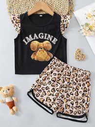 Toddler Girls Letter And Bear Print Ruffle Trim Top & Heart Print Shorts SHE