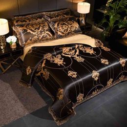 Dropshipping Wedding Duvet Cover Set Golden Jacquard Bedding Set Lace Flat Sheet Pillowcase 4pcs European Luxury