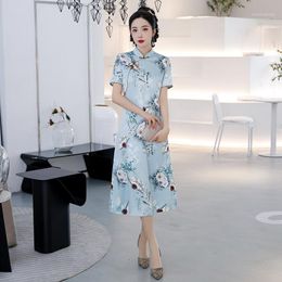 Vintage Women's Short Sleeve Summer Flower Printed Satin Handmade Button Cheongsam Traditional A-Line Silk Qipao Dress Ethnic Clothing