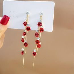 Pin Earrings Female Long Style Temperament Red Rose Tassel Fashion Flowers Dangle & Chandelier