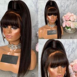 Fringe Wigs Heat Resistant Synthetic Lace Front Wig With Bangs Glueless Silky Straight Wig Natural Pre Plucked Hairline Bleach