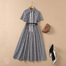 2022 Fall Autumn Short Sleeve Lapel Neck Black Plaid Panelled Belted Single-Breasted Dress Elegant Casual Dresses 22G032345