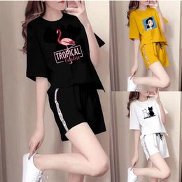 two piece set tracksuit women summer woman short sleeve shorts clothes casual plus size loose sets black white yellow cotton 220527