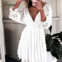 Dicloud sexy v neck hollow out white beach sundress women summer batwing sleeve lace mini dresses party clothes fashion T200416