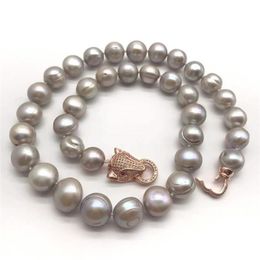 Chains Huge Natural Freshwater Pearl Baroque Style 11-12MM Silvery Grey Leopard-head Clasp NecklaceChains