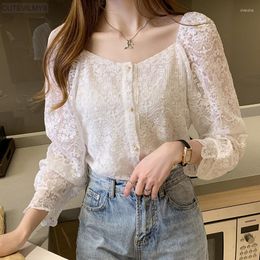Women's Blouses & Shirts Spring Crochet Lace Women Tops Korean Square Collar Embroidery Floral Blouse All-match Long Sleeve ShirtWomen's