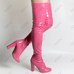 Rontic New Women Spring Thigh Boots Unisex Patent Leather Block Heels Round Toe Gorgeous Orange Purple Party Shoes US Size 5-20