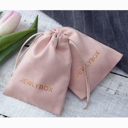 50 Personalized Print Drawstring Bags Custom Jewelry Packaging Pouches Chic Wedding Favor Bags Pink Flannel Cosmetic Bags 220608