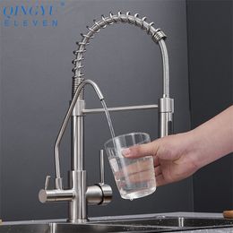 QINGYU ELEVEN Brass Kitchen Faucets Pull Down Hot Cold Water Philtre Mixer Tap for Kitchen Three Ways Sink Mixer Kitchen Faucet T200810