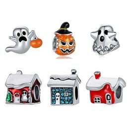 925 Sterling Silver Dangle Charm New Original Alloy Bead Christmas Halloween Ghost House Pumpkin Beads Bead Fit Pandora Charms Bracelet DIY Jewelry Accessories